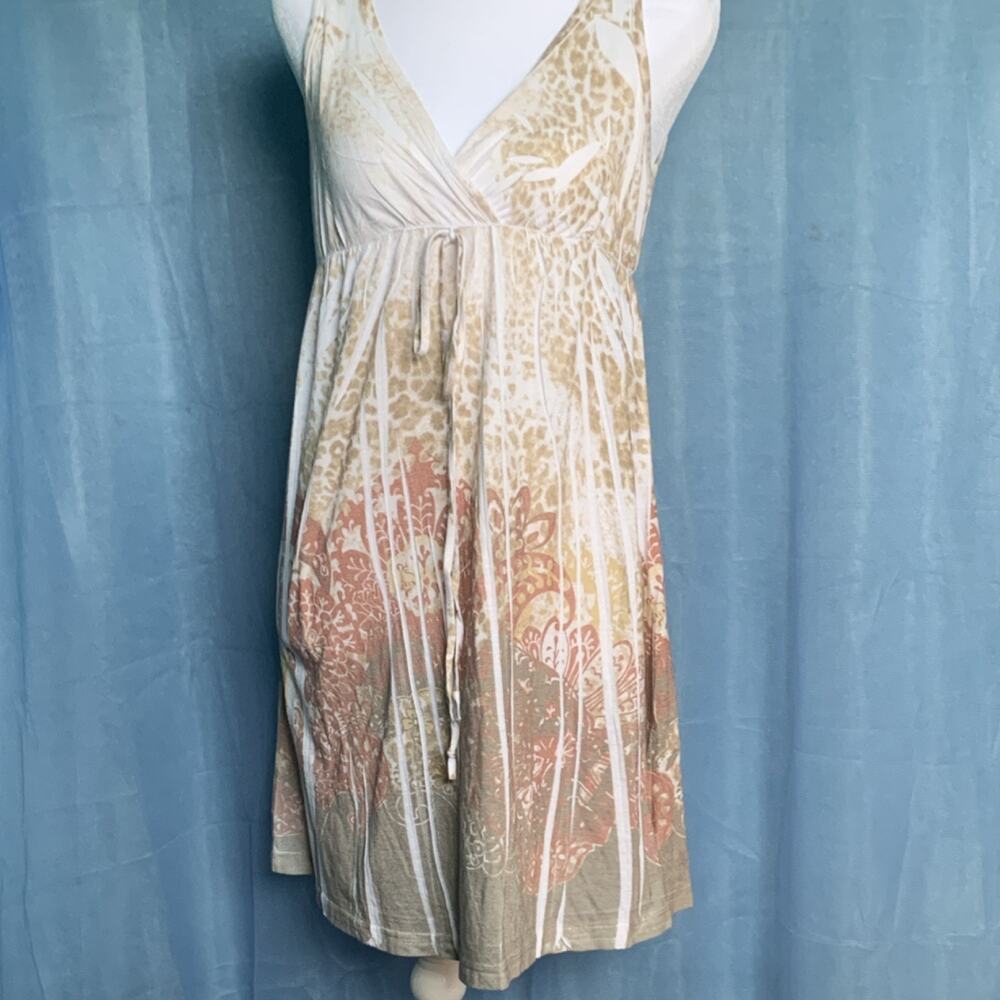 Bellanesa M Sleeveless V-Neck Animal Print Sundress Beige White Coral Tie Waist